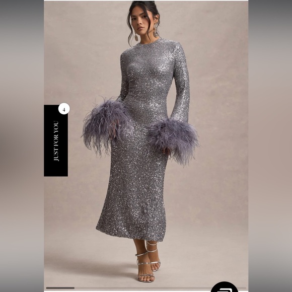 Club L London Dresses & Skirts - Club L London Silver Sequin Dress with Feather Accents